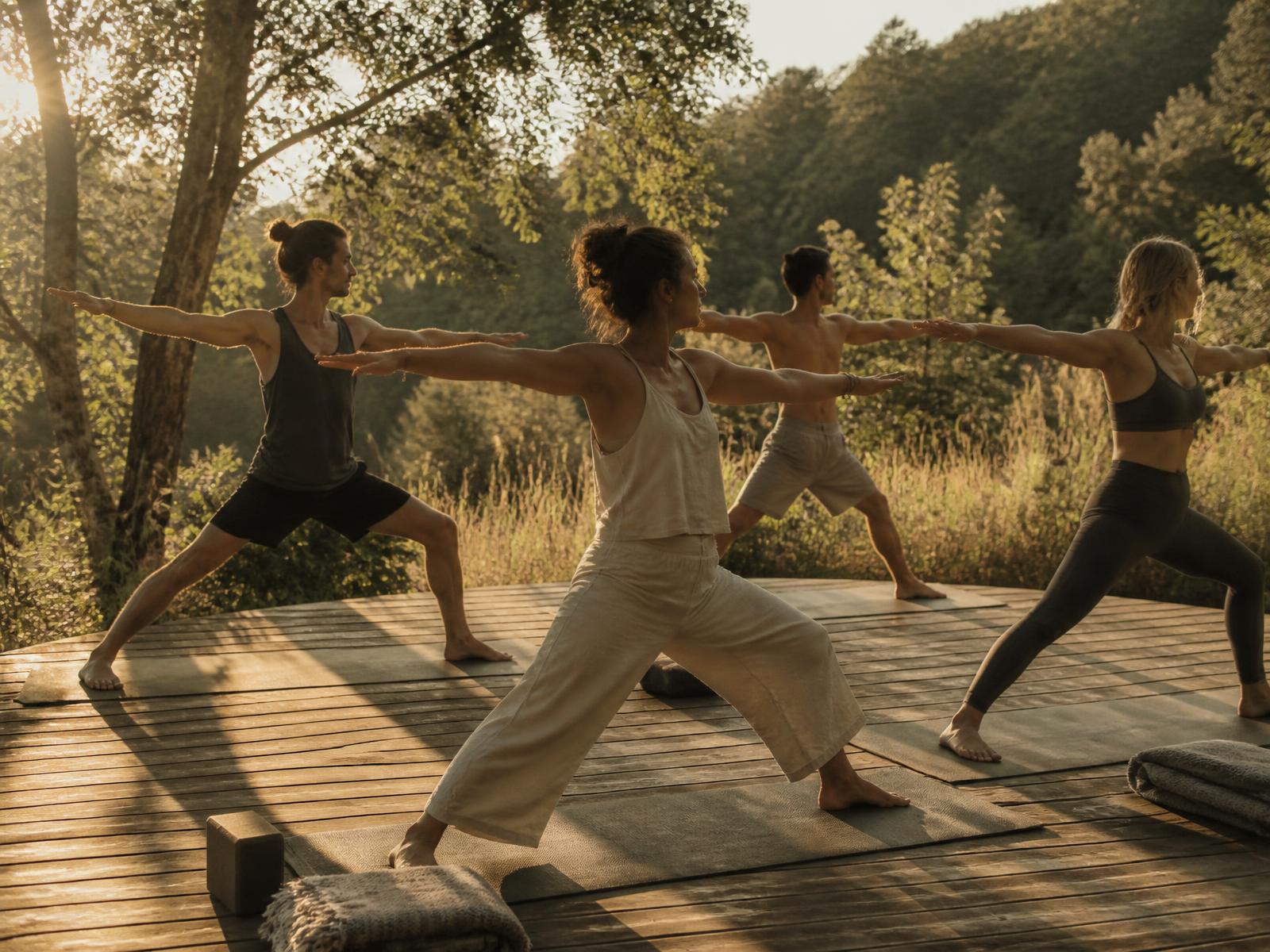 A small group practicing yoga together on an outdoor wooden deck at golden hour