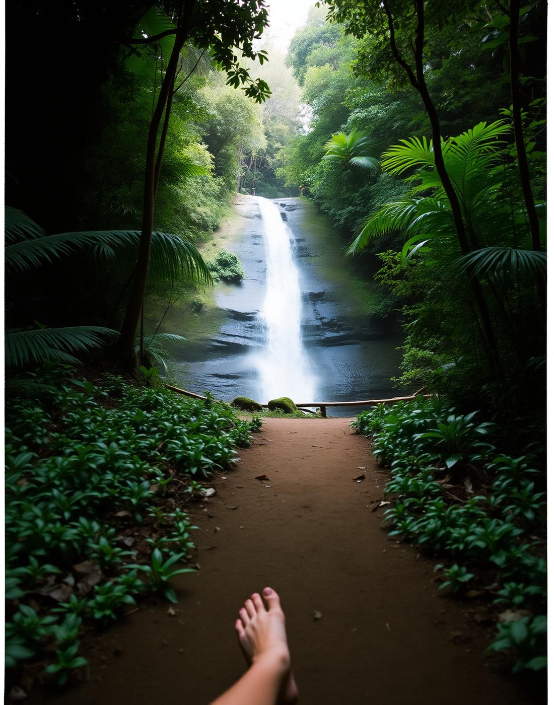A barefoot walk along a jungle path toward a waterfall
